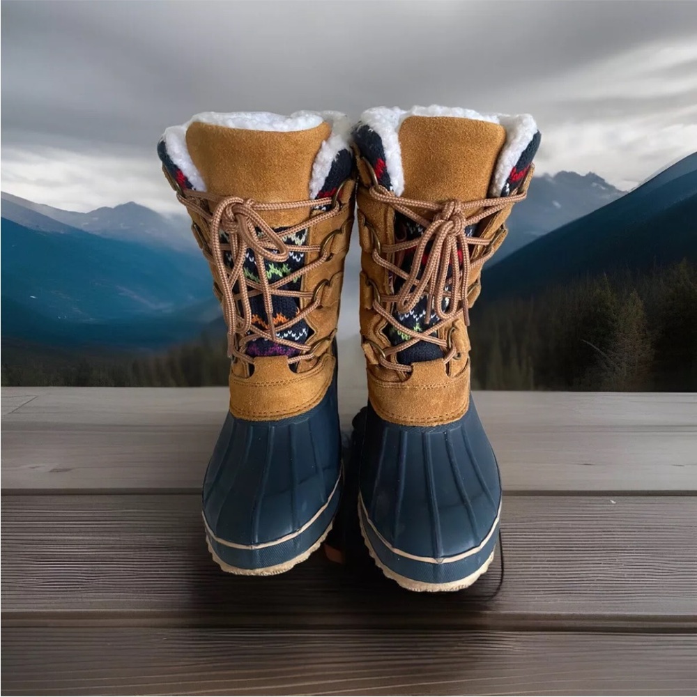 KHOMBU KRISTIE Brown Suede Sherpa Lined Nordic Knit Snow Duck Boots Size 8